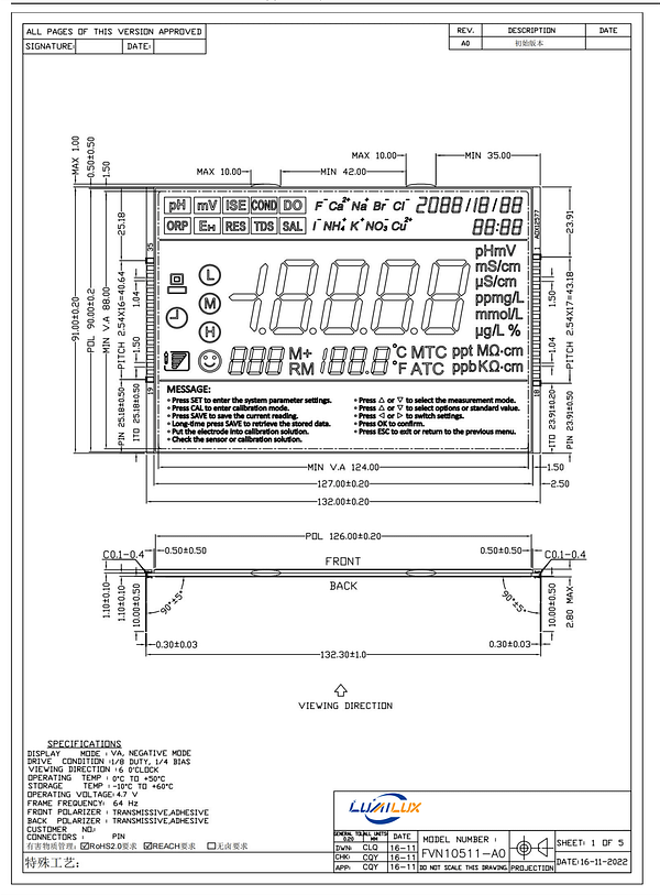 Va Lcd Segment Display Monochrome Lcd Outline Dimension 132.00*91.00*2. 